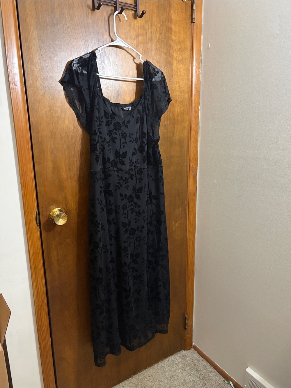 BloomChic Black Floral Maxi Dress with Flocked Pattern